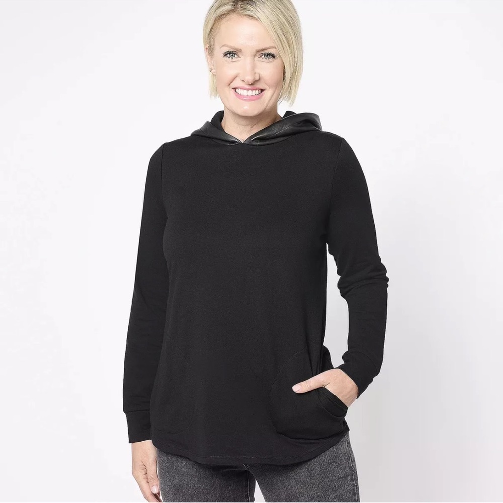 Belle by KIM GRAVEL Knit Top/Sweatshirt with Faux Leather Hood Women Bla…